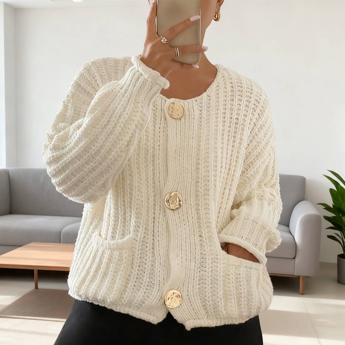 Three button long sleeve French cardigan