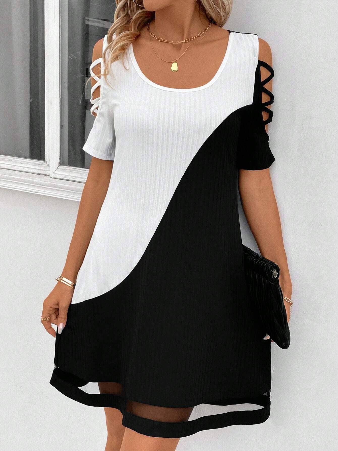 Women¡¯s colorblock lace mesh midi dress