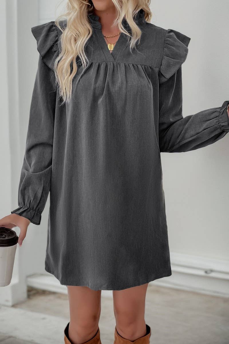 CWDSD6203_SOLID COLOR RUFFLED LONGSLEEVE STAND COLLAR DRESS