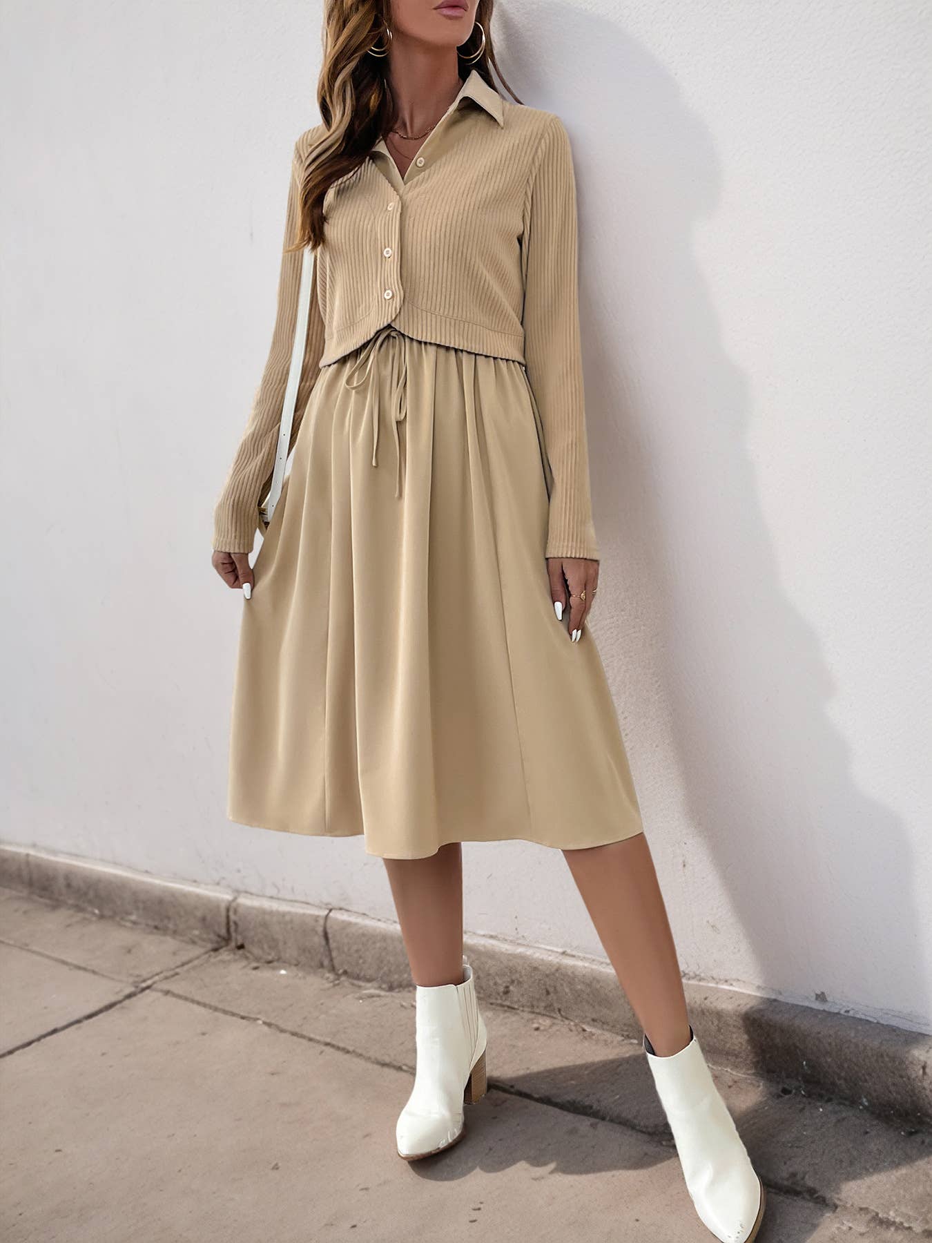 SOLID COLOR LAPEL LONG SLEEVE FAKE TWO DRESSES