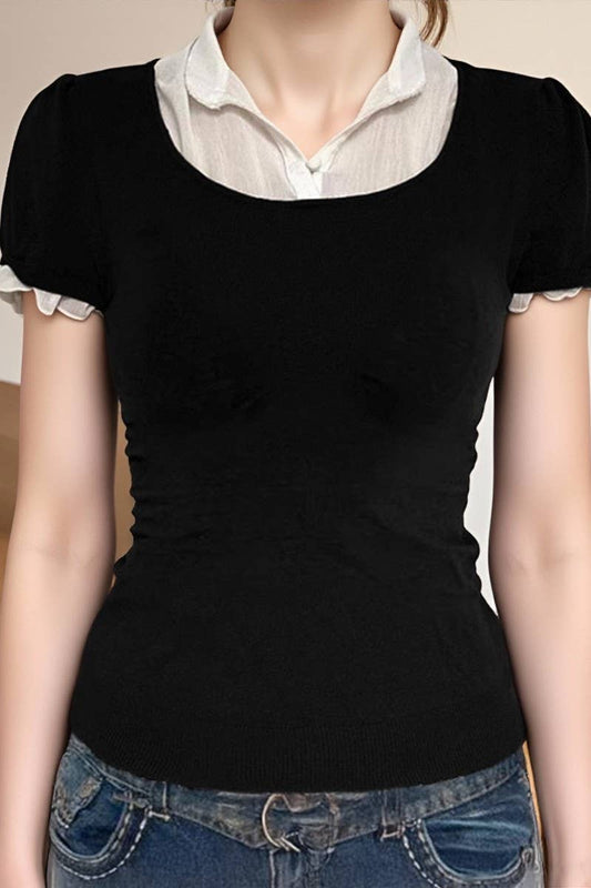 Cwtts00703_Hot Girl Style Solid Color Stitching Short Sleeve