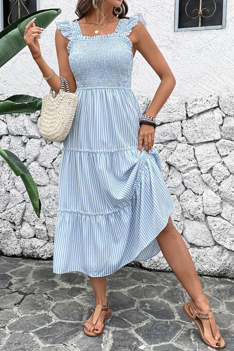 CWDMD5322_BACKLESS STRIPED RUFFLE HEM VACATION SUNDRESS