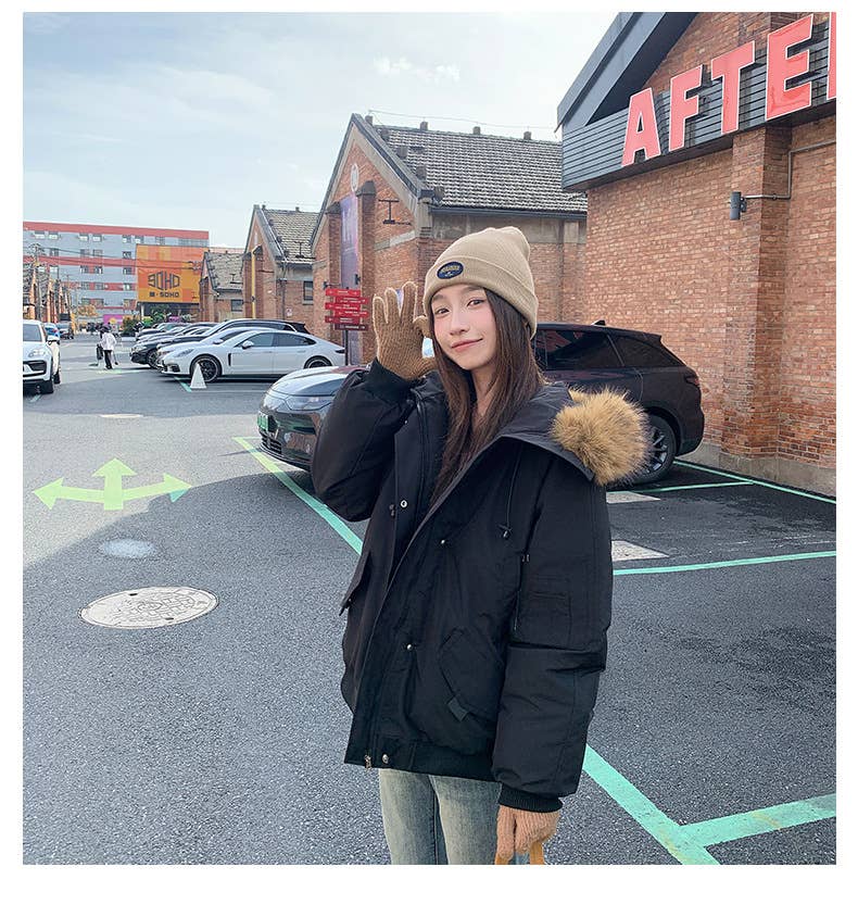 American retro hooded wool-neck coat