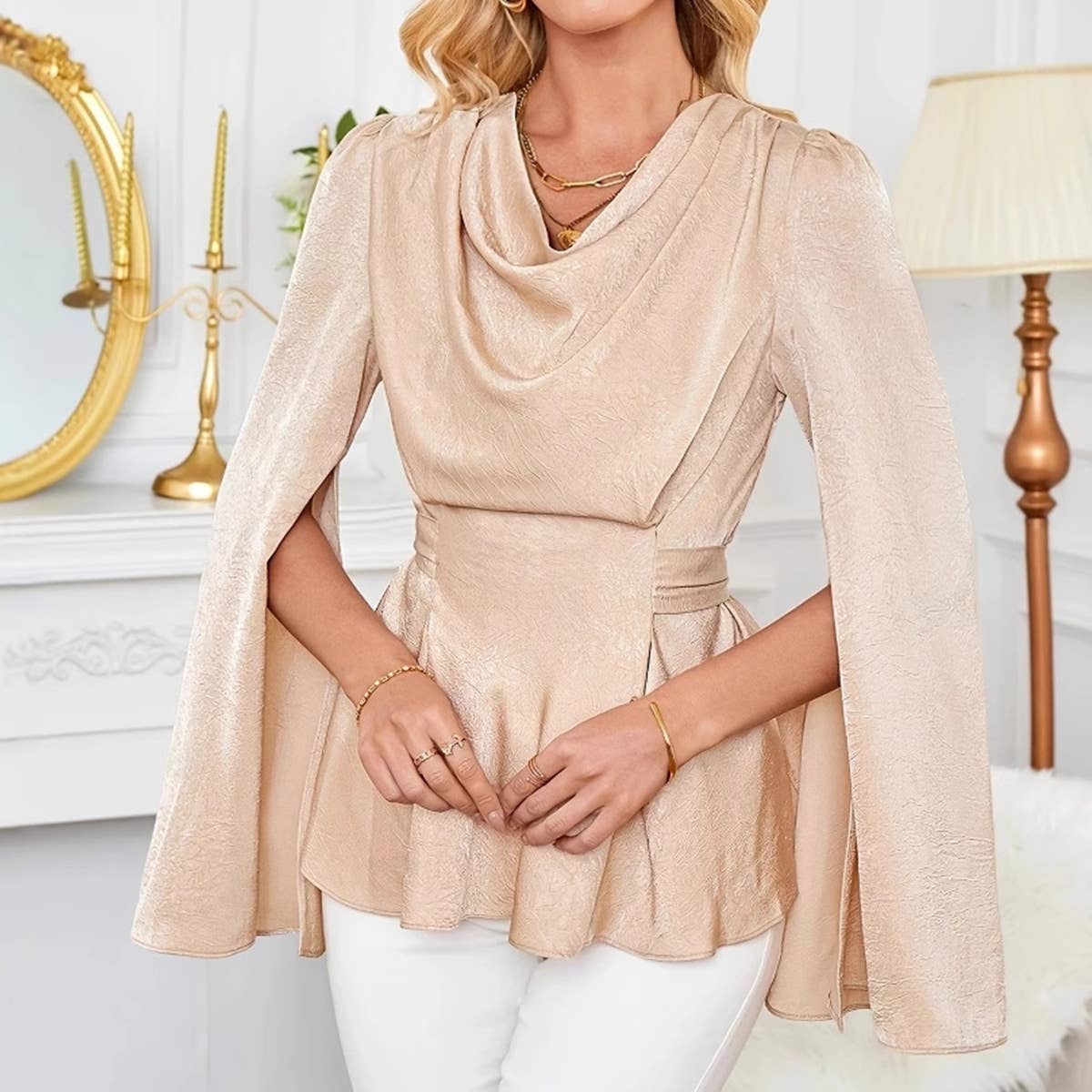 Satin acetate pile neck drop slim-fit top