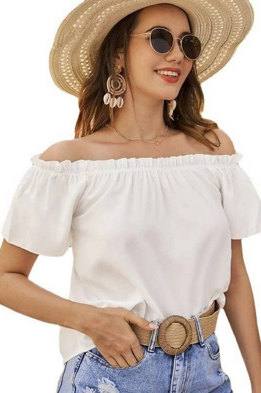 Cwtbls1493_Solid Color Off-Shoulder Ruffle Shirt Top
