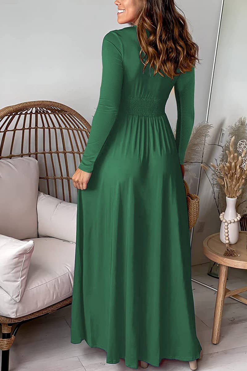 CWDMD5880_DEEP V RUCHED LONG SLEEVE SPLIT MAXI DRESS