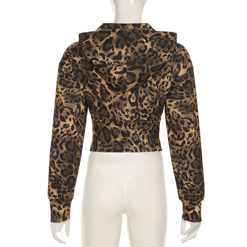 LEOPARD PRINT ZIPPER HOODIE PATCHWORK CARDIGAN