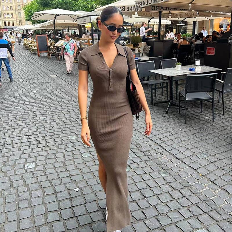 TEMPERAMENT TREND LAPEL SHORT-SLEEVED SLIT DRESS