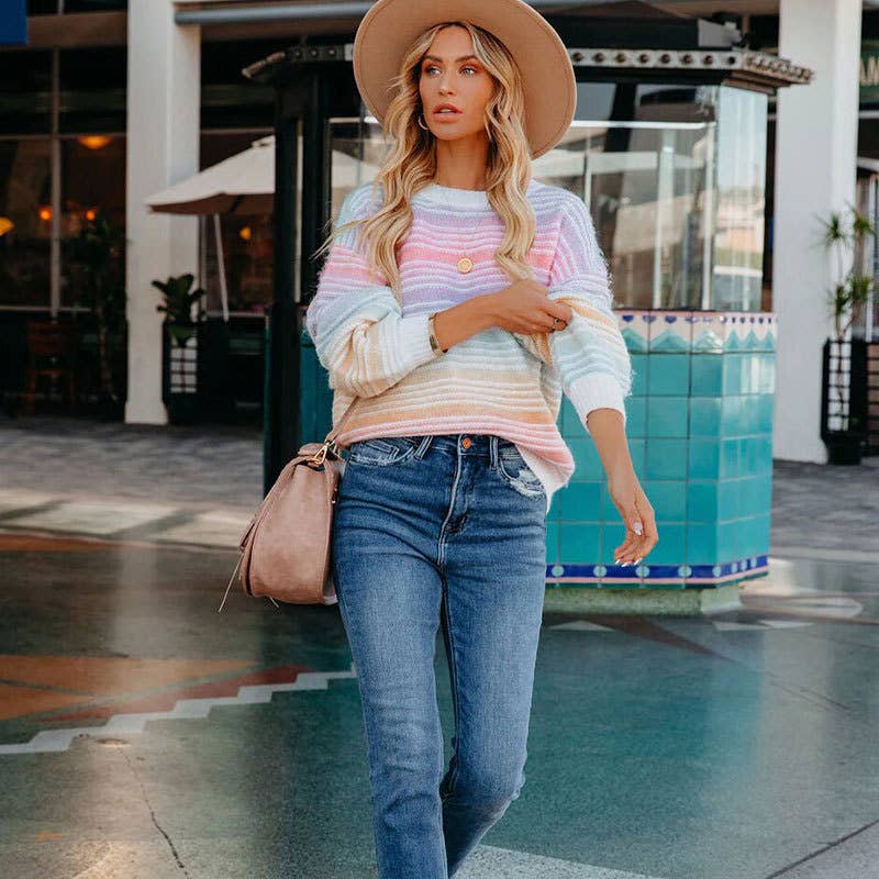 BAGGY, LONG-SLEEVED RAINBOW STRIPED SWEATER