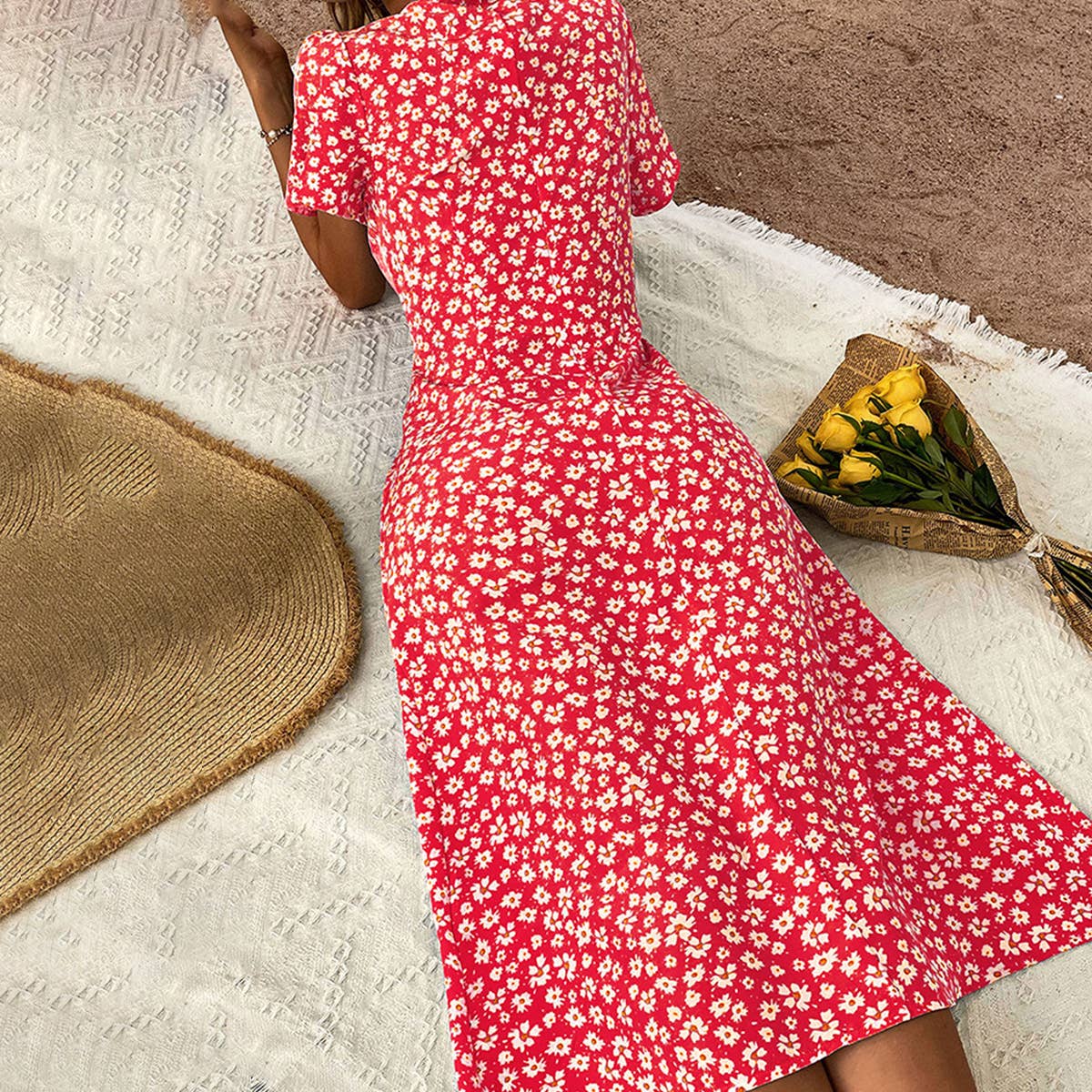 V neck floral split button dress_CWDMD1520