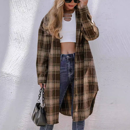 Long coat with loose ruffled plaid lapels