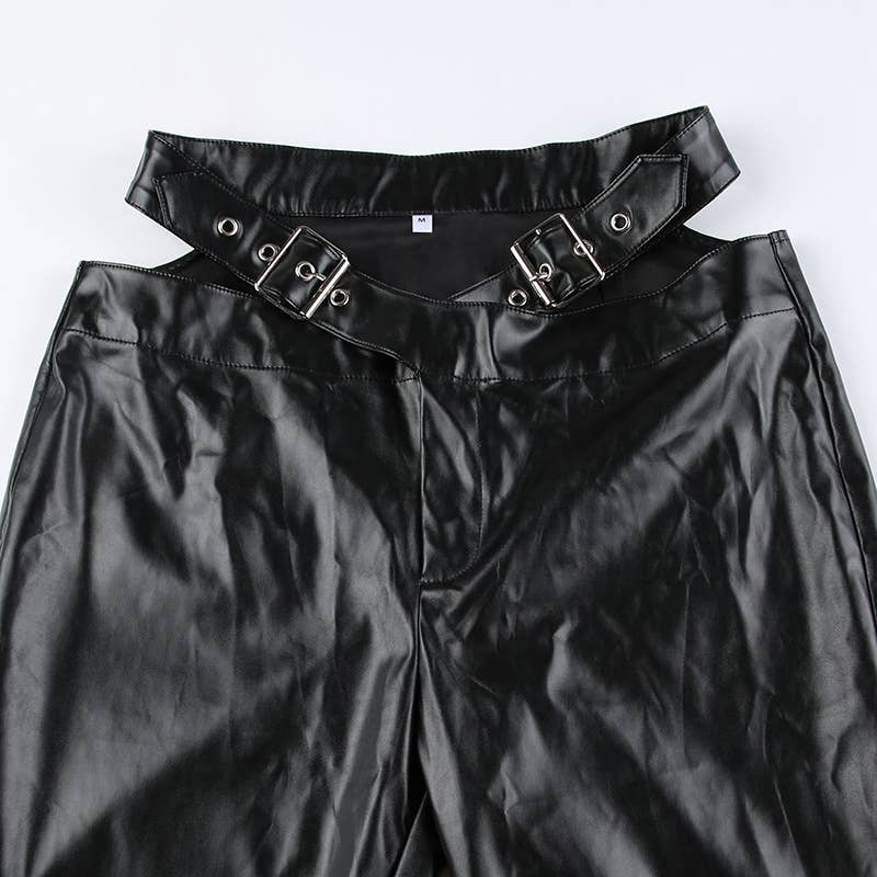 Button-up waist cutout PU leather casual pants