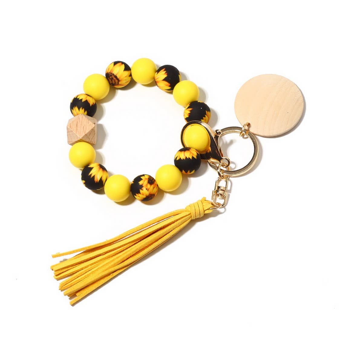 Silicone Bead Bracelet Keychain with Beech Wood