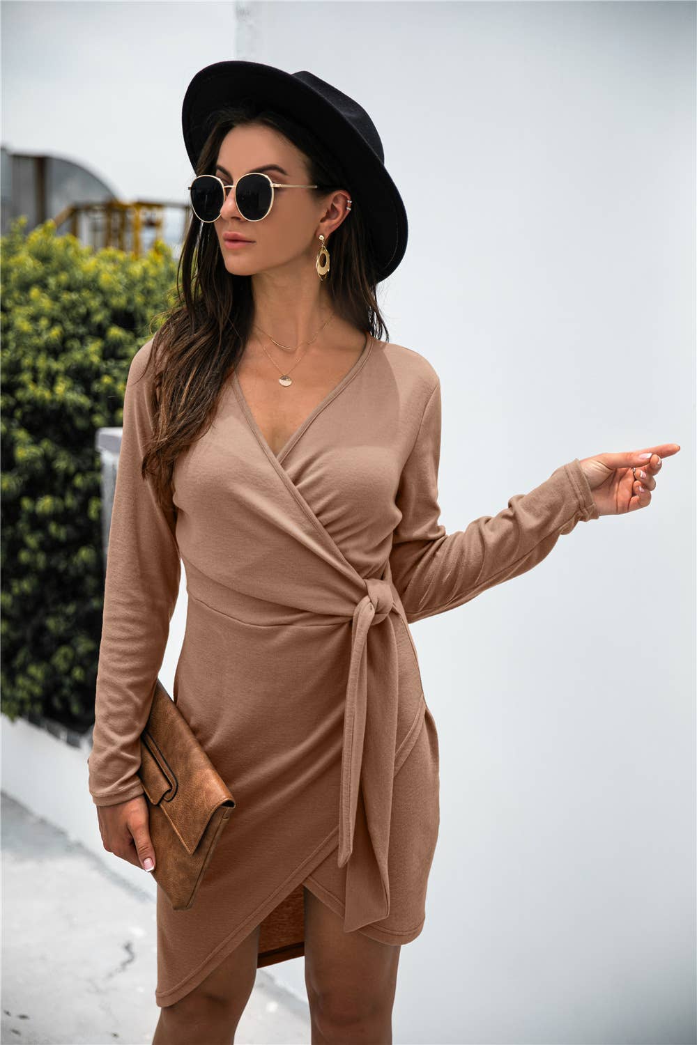 V-neck long-sleeved solid color irregular dress