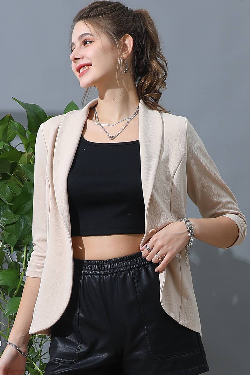 CWOBL106-P_3/4 SLEEVE WITH SHIRRING DETAILED OPEN BLAZER