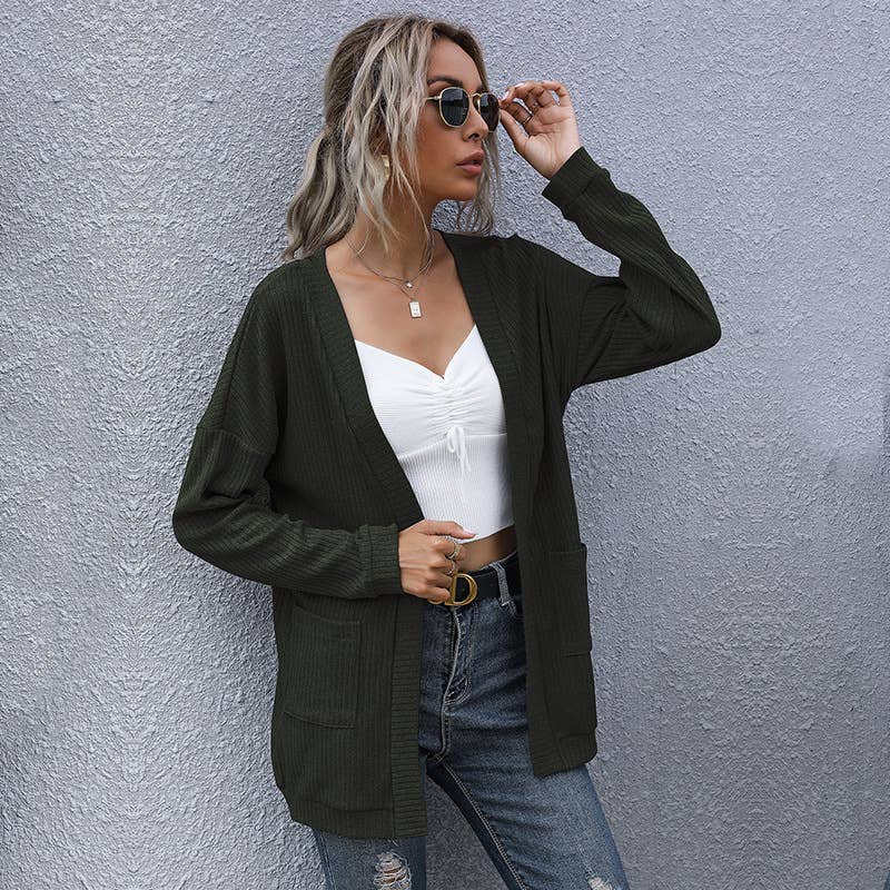 V-NECK SOLID COLOR LOOSE CASUAL SWEATER COAT