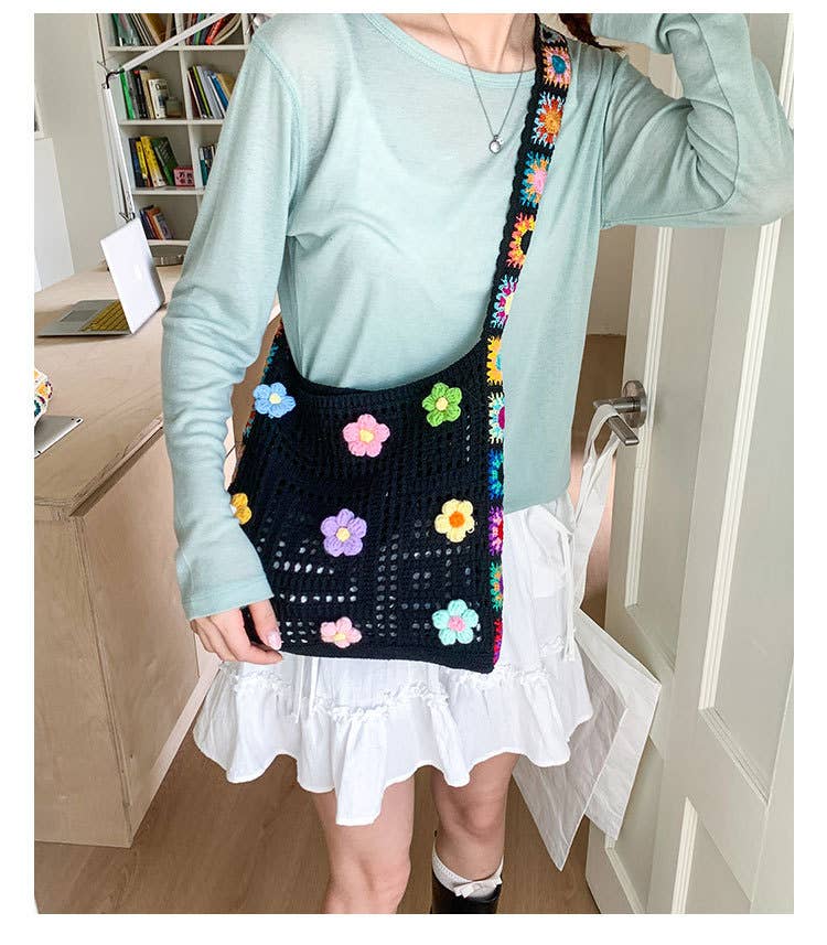 Ethnic-style artistic flower patchwork knit bag