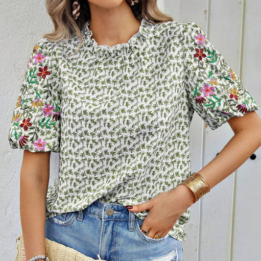 EMBROIDERED PRINTED TURTLENECK BLOUSE