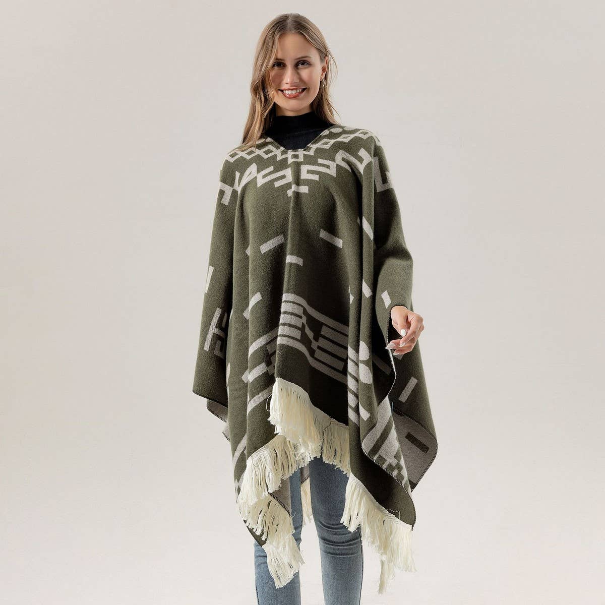 FRINGED PULLOVER CAPE CLOAK WARM KNITTED SHAWL