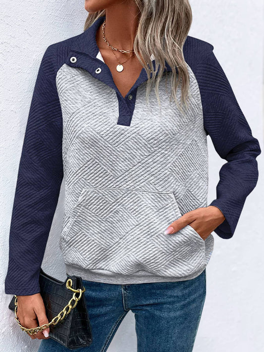 Textured casual V-neck color-blocking sweatshirt