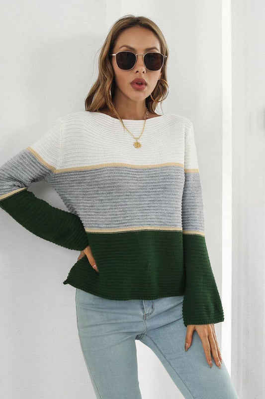 Cwoswl4069_Contrast Gradient Striped Boat Neck Knit Sweater