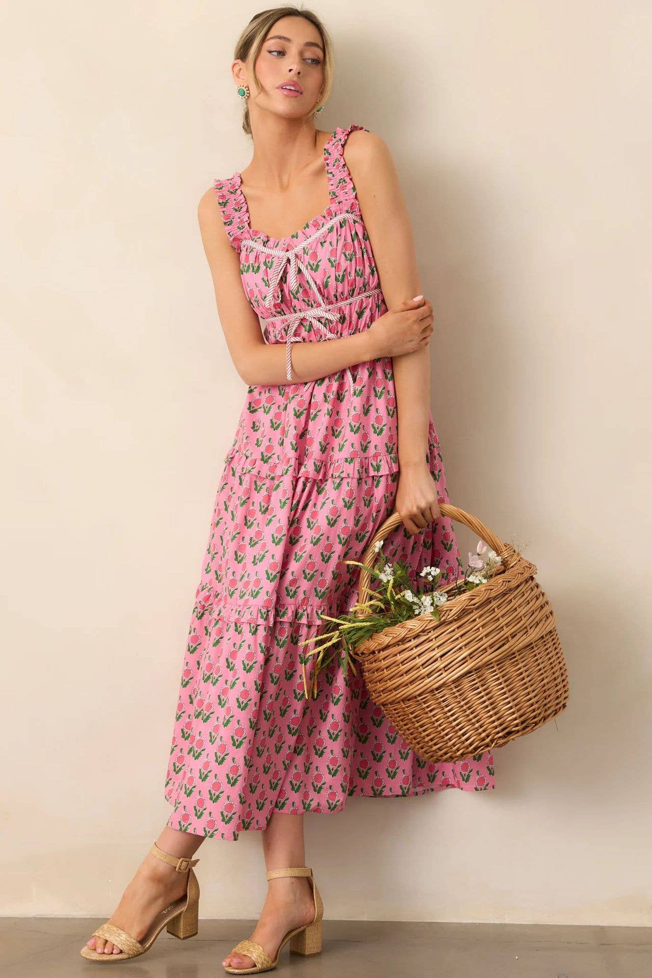 Vacation style long French floral halter dress