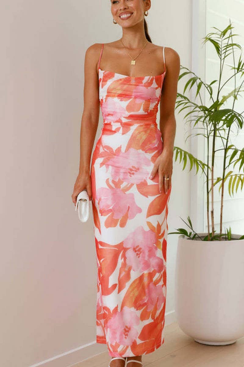 CWDMD5513_FLORAL SLEEVELESS SPAGHETTI STRAP BODYCON DRESS