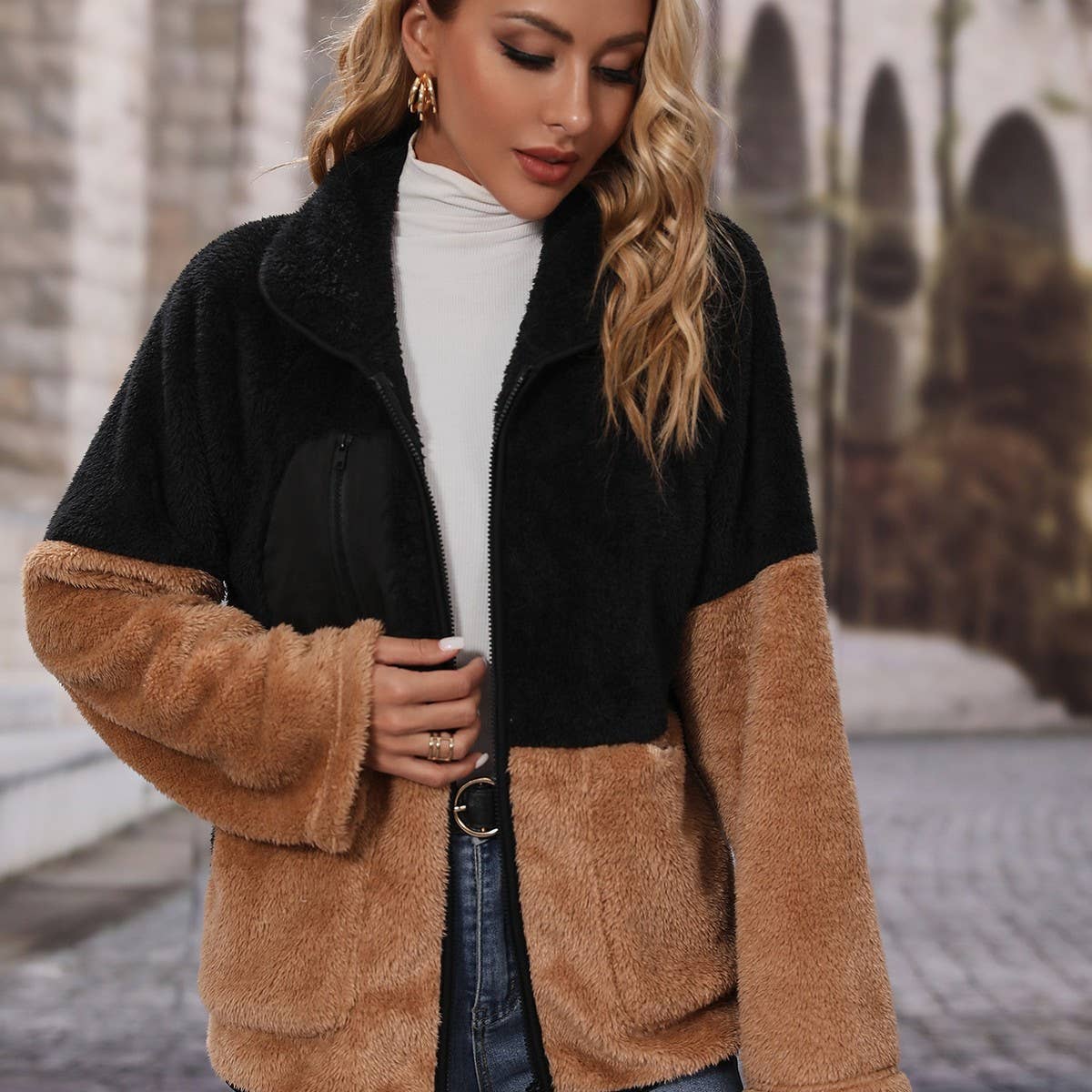 Lapel long sleeve zipper fleece jacket