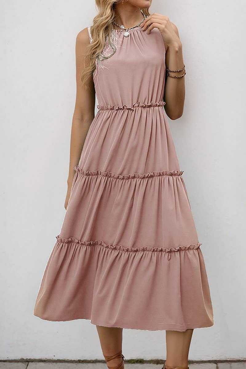 CWDMD5773_SOLID RUFFLED SLEEVELESS PLEATED MIDI DRESS