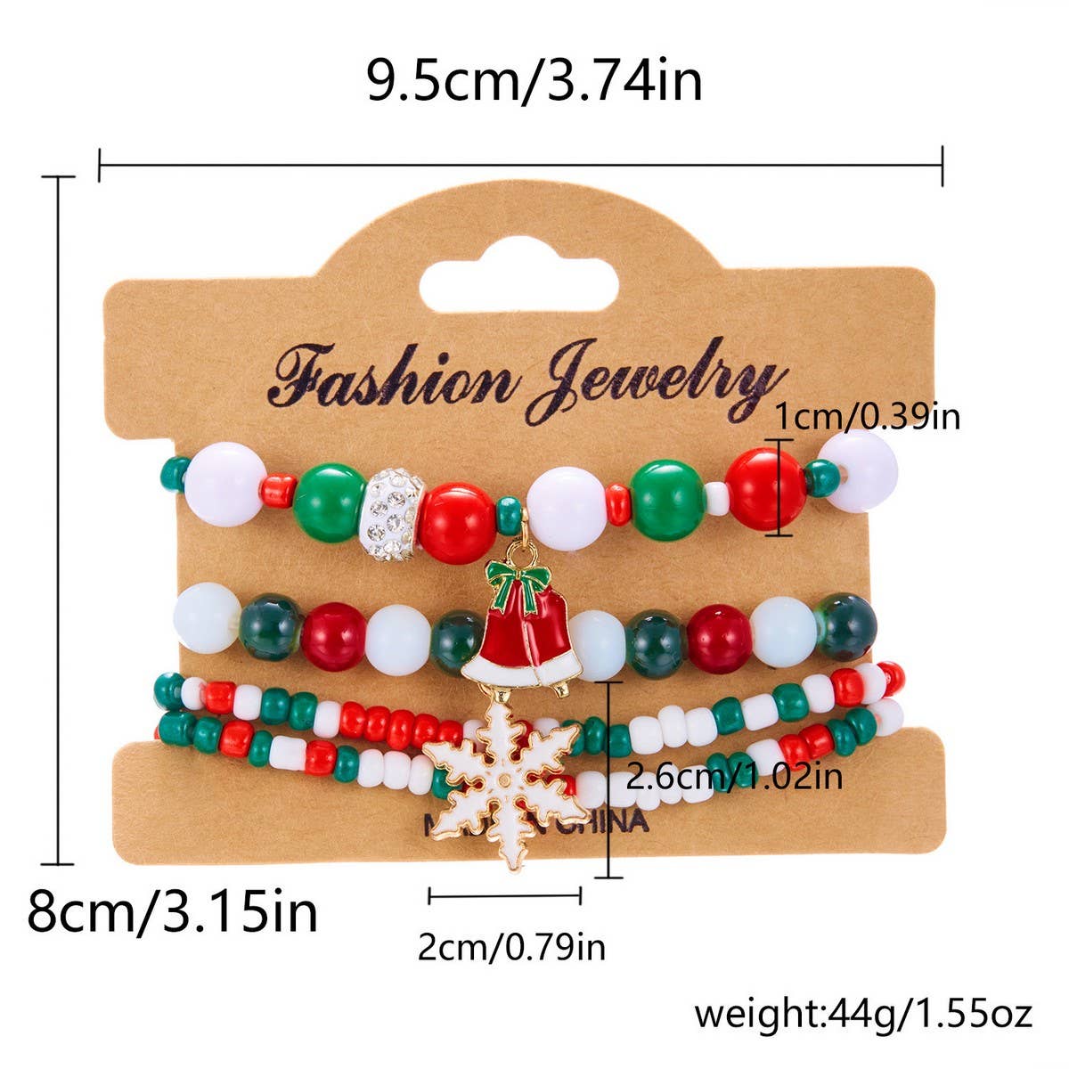 CWAJE2509_CHRISTMAS SNOWFLAKE BELL ELASTIC BEADED BRACELET