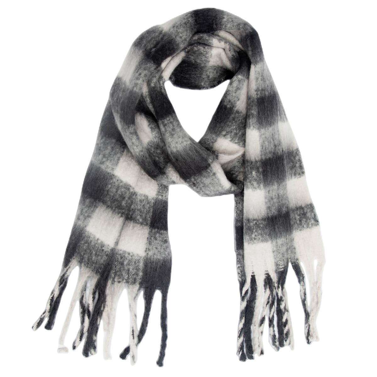 Chunky Plaid Mohair-Look Scarf with Fringes
