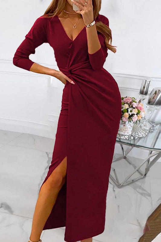 CWDMD4157_SOLID COLOR V-NECK MID-WAIST WRAP DRESS