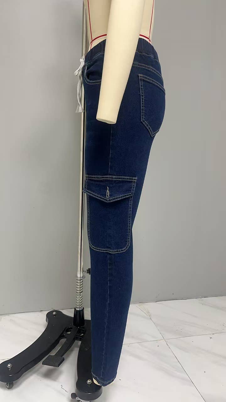 DENIM LACE-UP ELASTIC-WAIST STRETCH DENIM TIGHTS