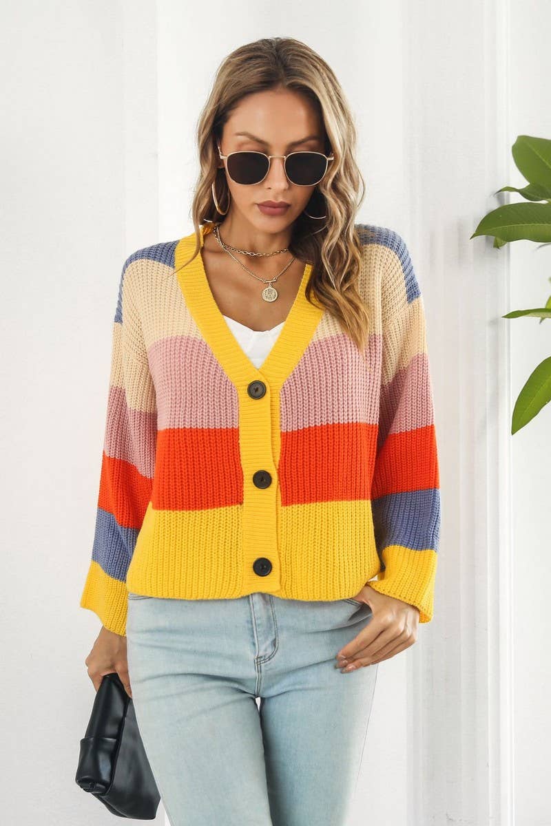 CWOCAL1224_CONTRAST RAINBOW STRIPES LOOSE KNIT CARDIGAN