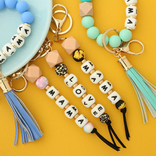Silicone Bead Keychain with Letter and Wooden Disc_CWAB5106