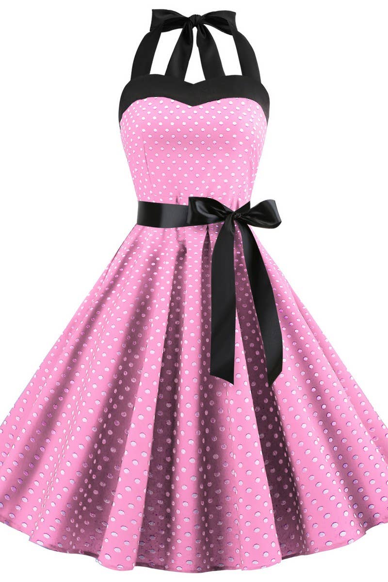 CWDHL01133_POLKA DOT OFF-THE-SHOULDER HALTERNECK DRESS