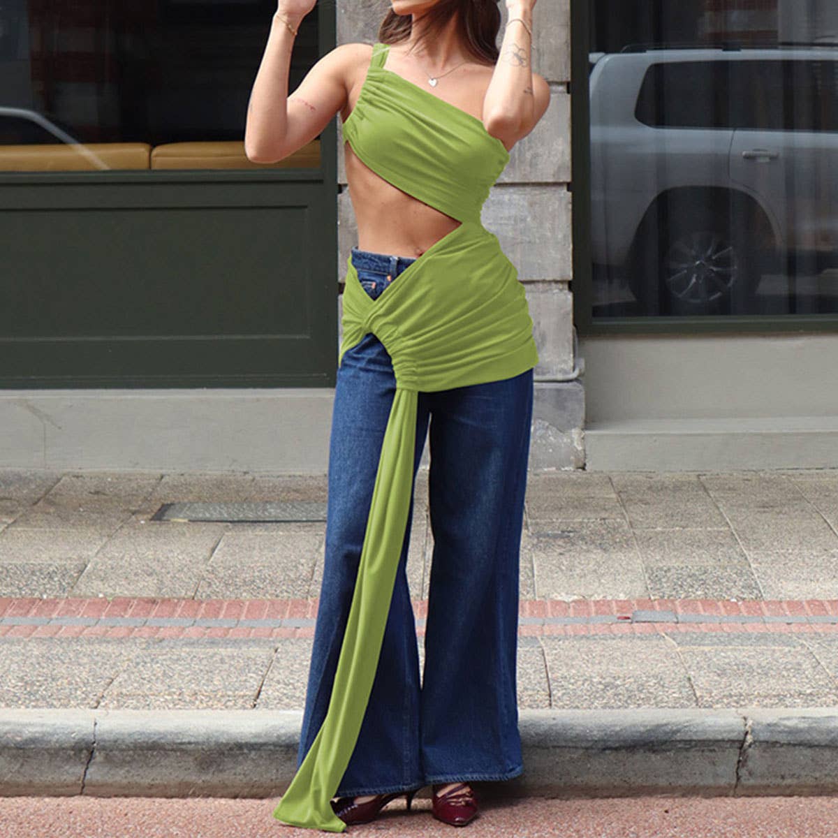 One Shoulder Cutout Ruched Bodycon Dress