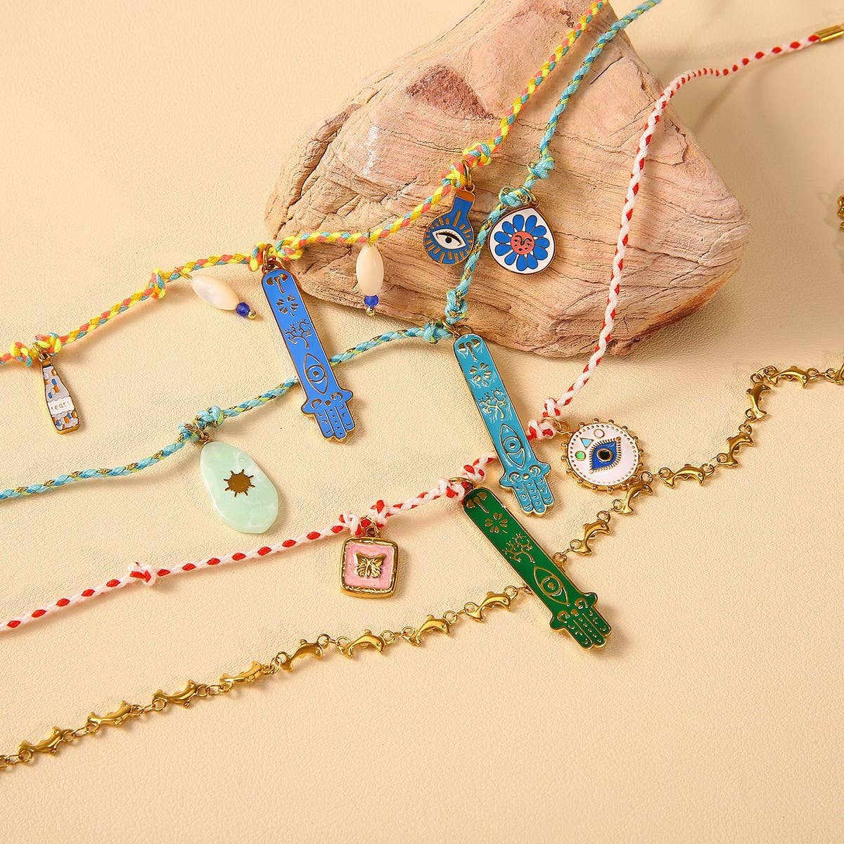 Knotted Cotton Rope Necklace with Fatima Pendant