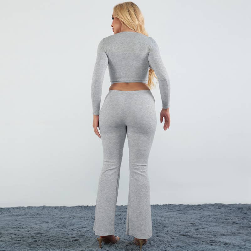 Solid-color long-sleeved flared trousers set