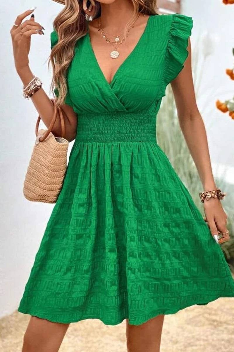 CWDSD8282_NEW SUMMER V-NECK PLEATED DRESS