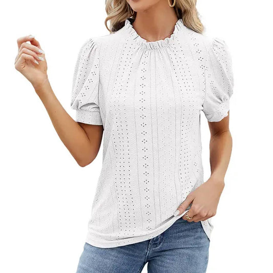 RUFFLE SHIRT WITH LACE COLLAR AND PUFFY SLEEVES