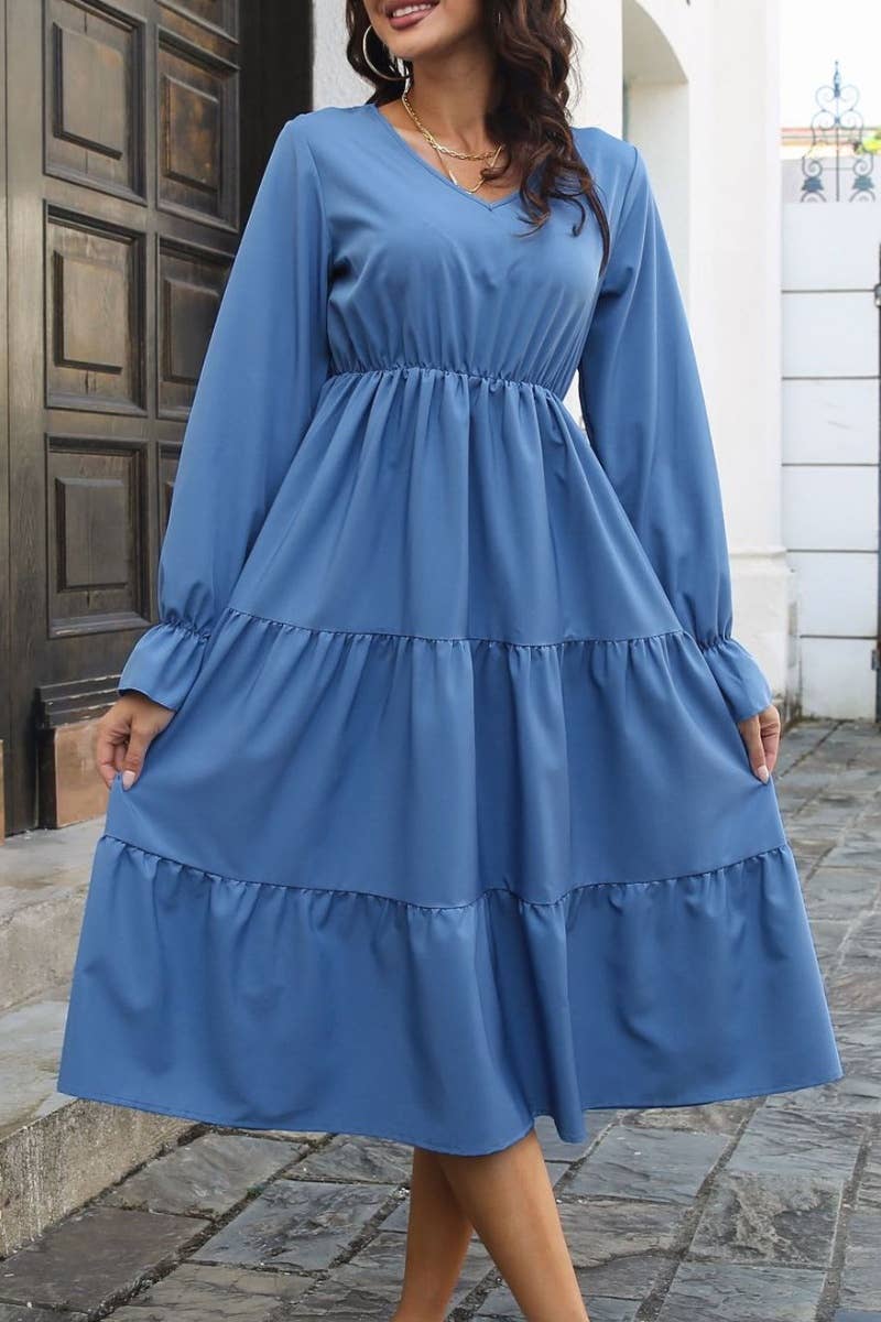 CWDSD6430_FALL V-NECK DRESS WITH FLARED SLEEVES