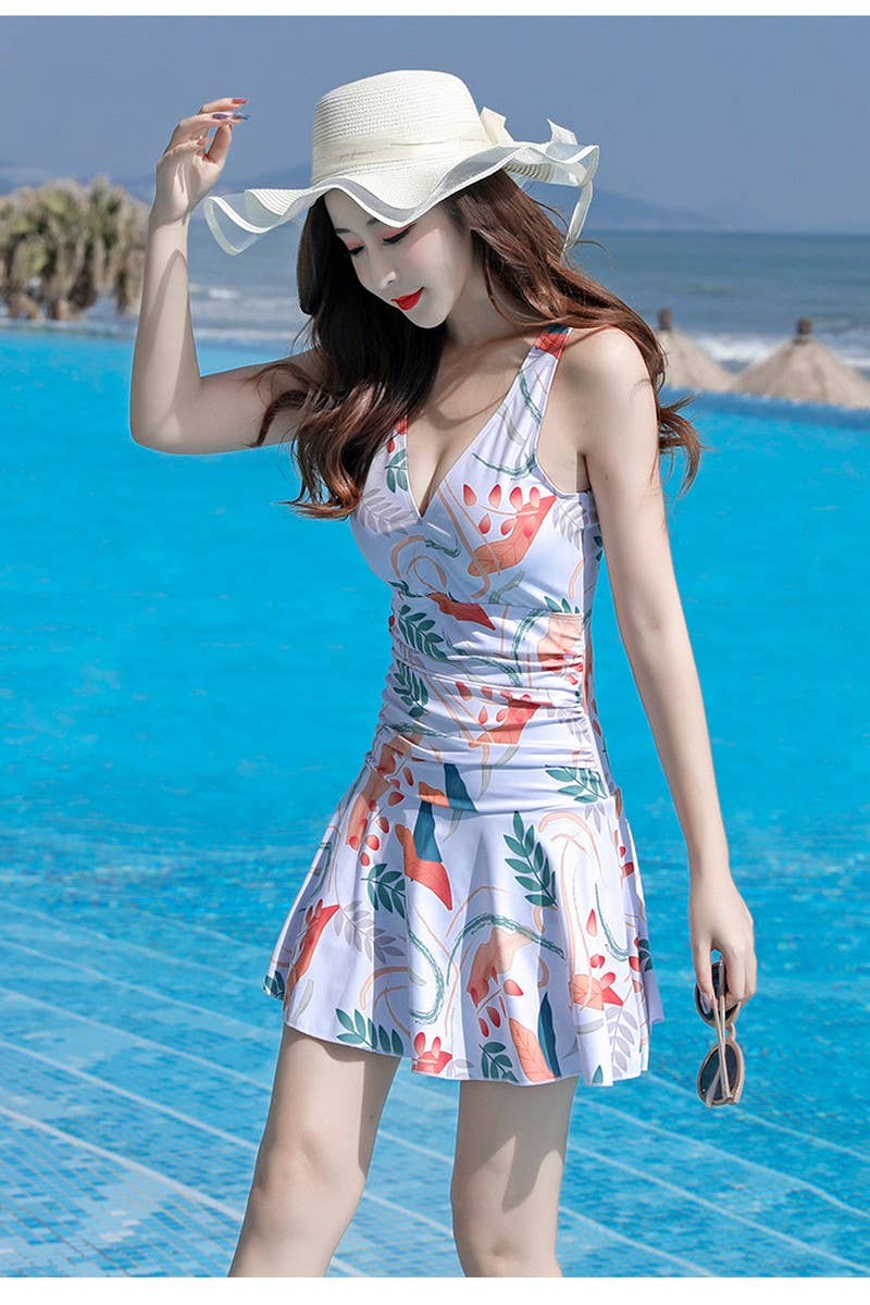 CWMW0865_V-NECK SLEEVELESS PRINTED SKIRT-STYLE SWIMSUIT