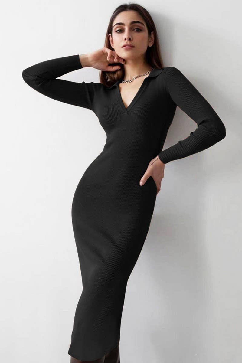 CWDMD4901_SOLID COLOR DEEP V LAPEL SLIM DRESS