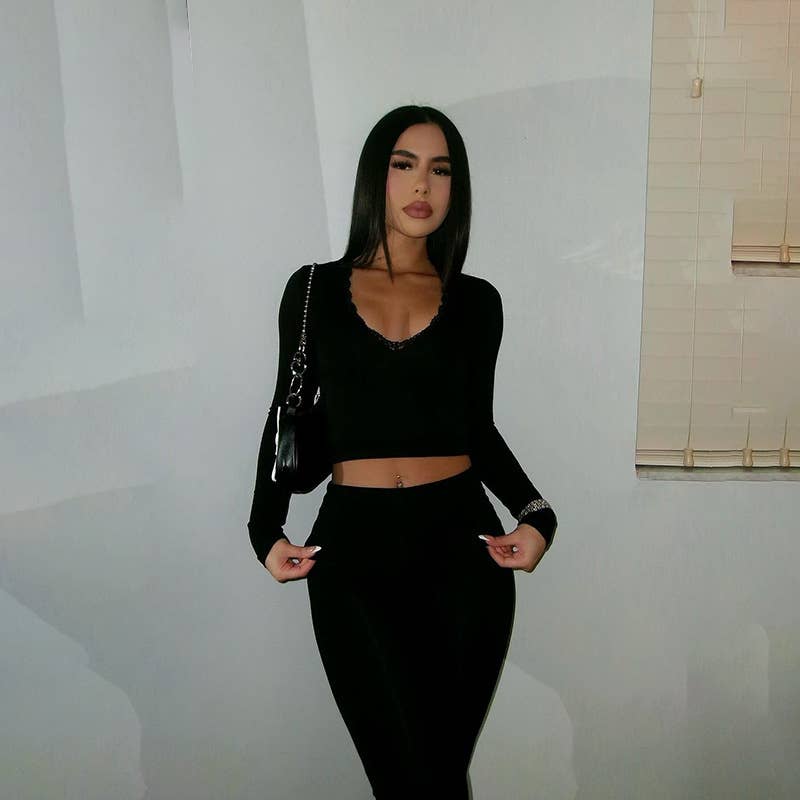 Simple casual solid color patchwork lace V-neck suit