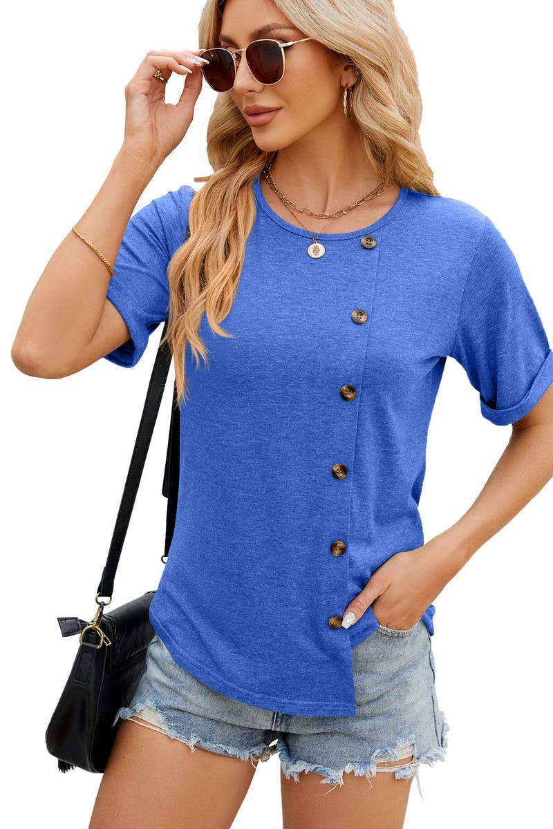 ROUND COLLAR BUTTON IRREGULAR HEM T SHIRT_CWTSTS0147