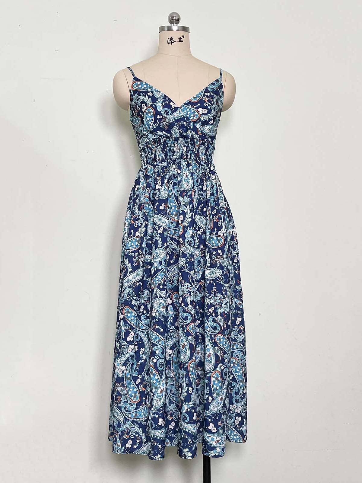 PRINTED HALTER V-NECK WAIST DRESS