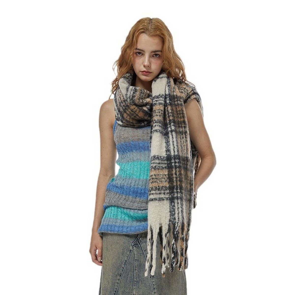 Wide Faux Cashmere Tassel Scarf-Winter Plaid Shawl