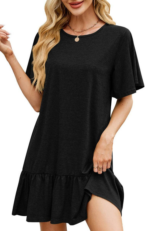 CWDSD7282_SOLID COLOR ROUND NECK LOOSE SHORT SLEEVE DRESS