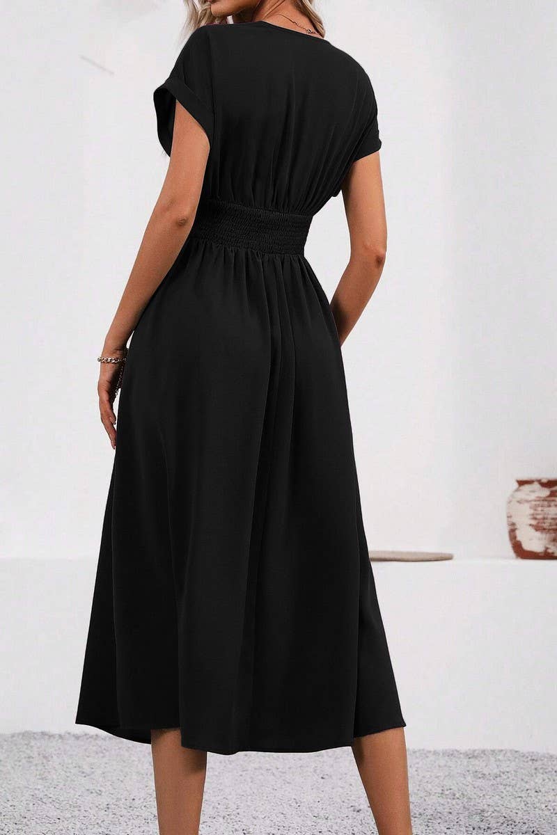 CWDMD4648_SOLID COLOR V-NECK BAT SLEEVE LONG DRESS